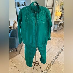 VTG Fuda International Silk Jacket Pant Set Tracksuit Women's Green Sz Med MINT